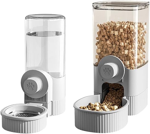 GPY Automatic Hanging Gravity Pet Feeder and Water Dispenser Set ,Automatic Dog Feeder and Dog Water Dispenser for Dogs Cats Pets Animals Large Capacity (Blue Water Feeder&Food Feeder) (Grey)