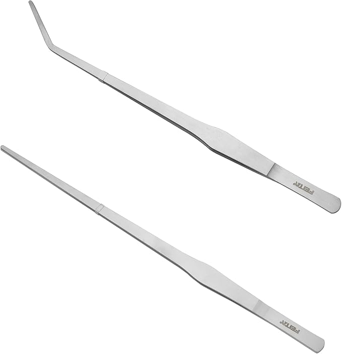 Aquarium Tweezers Extra Long 15 inches Feed Tong clamps - FEITA Straight and Curved Stainless Steel 38cm Tweezers Set for Fish Tank Plants Aquascape Tools & Reptile Feeding Tongs - Sliver 2Pcs
