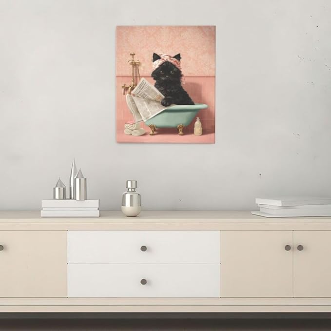 Cat Bathroom Wall Decor Black Cat Reading Newspaper in Bathtub Canvas Wall Art Funny Bathroom Pictures Kitten Painting Print Pink Artwork Framed Decorations Gifts 24"x20"