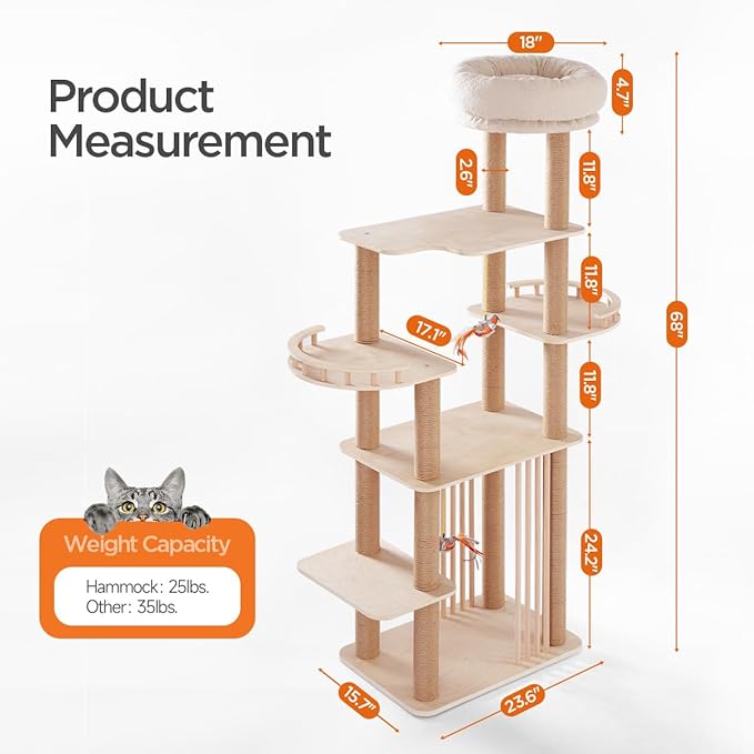 68" Large Cat Tree, Solid Wood Multi-Level Cat Tower with Scratching Posts, Fun Toys, and Washable Plush Platform for Indoor Cats