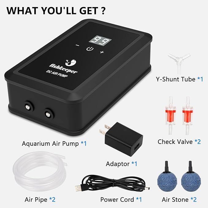 fishkeeper Aquarium Air Pump, 8W 130GPH Dual Outlet Fish Tank Air Pump with Adjustable Airflow Ultra-Quiet Oxygen Aerator Pump with Air Stone Bubbler for 10-120 Gallon Fish Tank