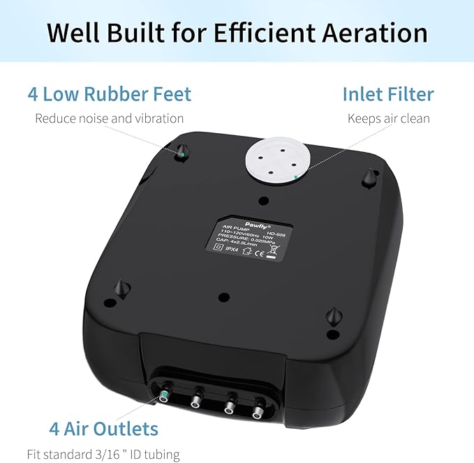 Pawfly Aquarium Air Pump Oxygen Pump for 10-200 Gallon Fish Tanks Buckets Dual Outlet Adjustable Ultra Quiet Aerator Pump with Accessories