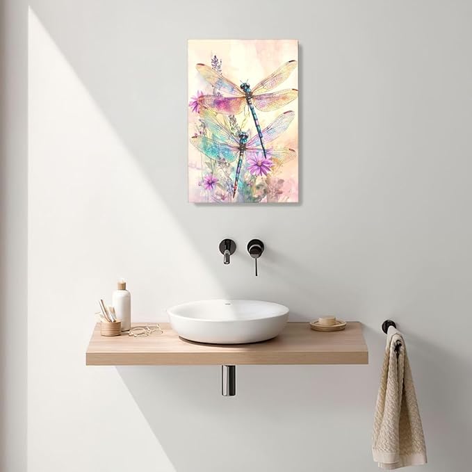 Dragonfly Bathroom Pictures Wall Art, Floral Bathroom Wall Decor, Framed Painting Canvas Artwork for Bedroom Living Room Decorations 24"L x 16"W