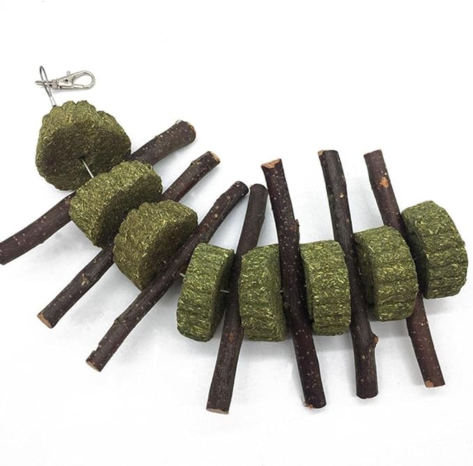 Bunny Chew Toys for Teeth, 2 PCS Organic Apple Wood Molar Sticks with Timothy Hay Circles for Bunny Chinchilla Guinea Pig Hamsters Holland Lop Prairie Dogs Squirrels, Improves Dental Health