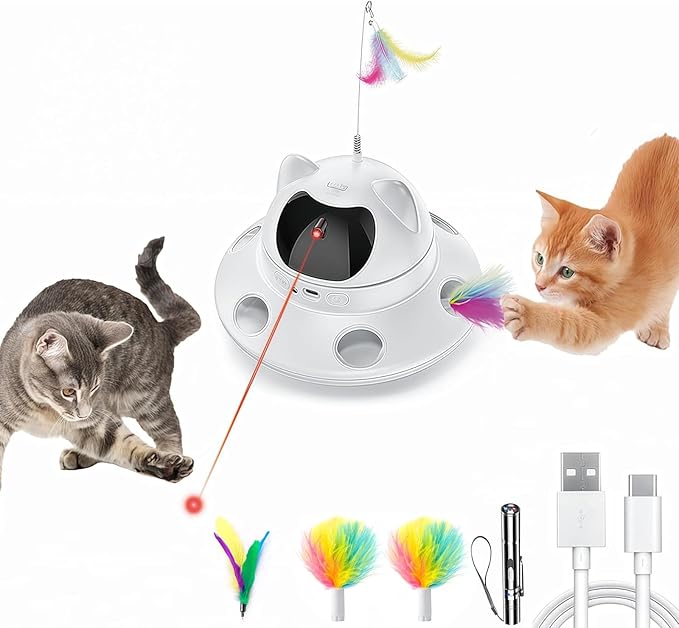 3-in-1 Cat Laser Toy & Interactive Automatic Motion-Activated Kitten Toy ā 6 Holes Whack-A-Mole Feather & Moving Ambush Fun ā USB Rechargeable, Apply to ā Indoor Exercise for Cats of All Breeds