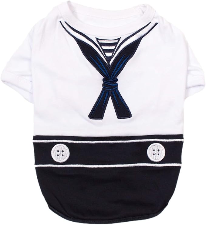 Parisian Pet Dog Shirt - Embroidered Sailor Dog Costume - 100% Cotton & Polyester Pet Costume - Sleeved Dog Clothes - Blue and White Dog Costumes for Small Dogs - Dog Shirts - S