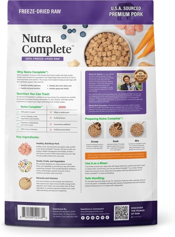 ULTIMATE PET NUTRITION Nutra Complete Freeze Dried Raw Dog Food, Veterinarian Formulated with Antioxidants, Prebiotics & Amino Acids (3 Pound, Pork)