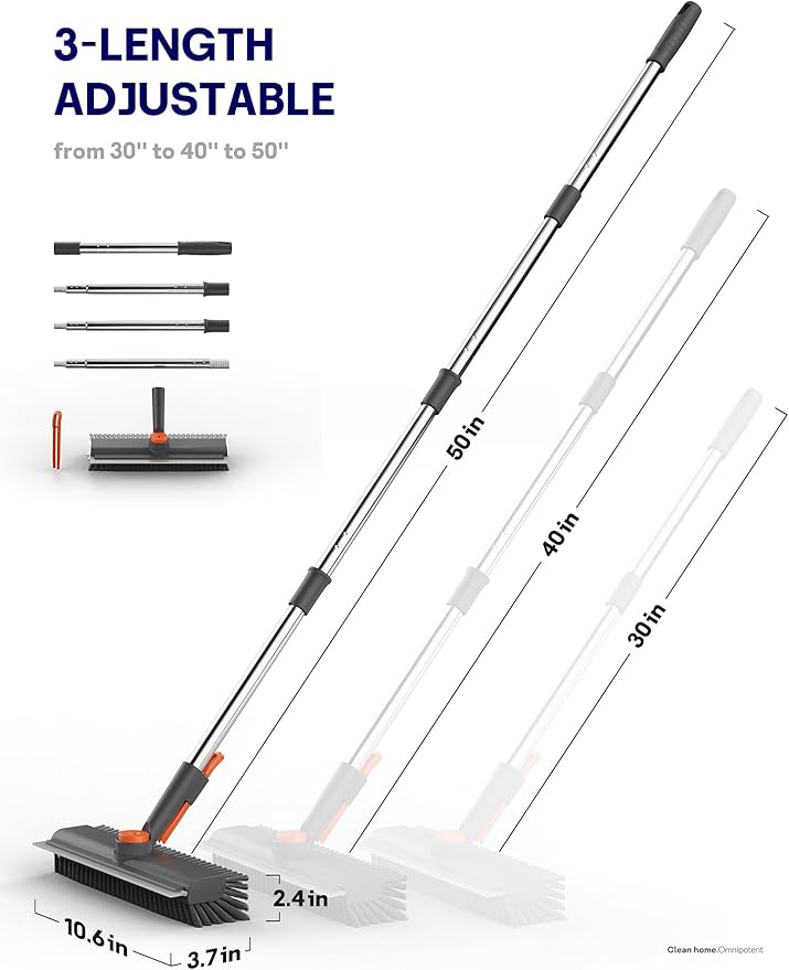 Floor Scrub Brush with Long Handle, 3 in 1 Multi-angle Swivel Right Angled Bristle Floor Scrubber Brush with Squeegee and Tweezer for Cleaning Tile Wall Deck Bathroom Patio Garage Kitchen (Grey)