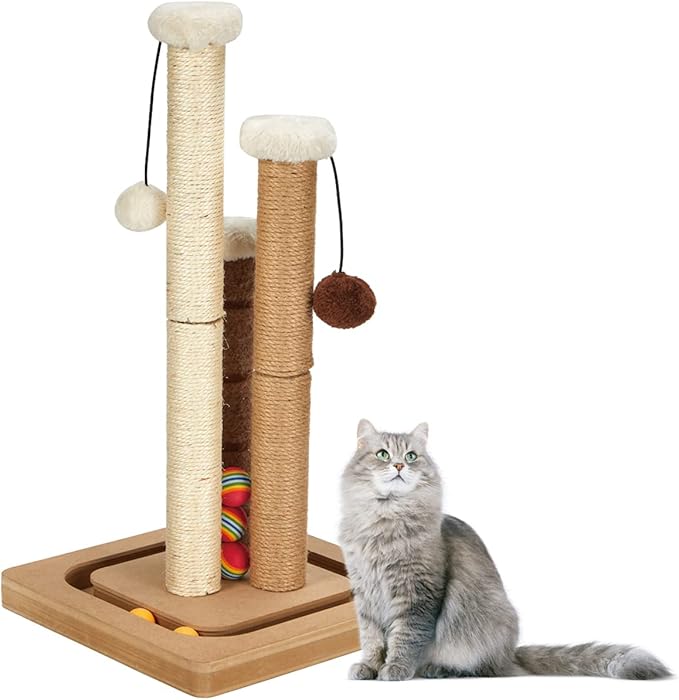 Cat Scratching Post Premium Natural Sisal Jute Carpet 3 Scratch Posts with Interactive Track Ball Base and Hanging Balls Toys Kitten Scratcher for Indoor Kittens and Small Cats
