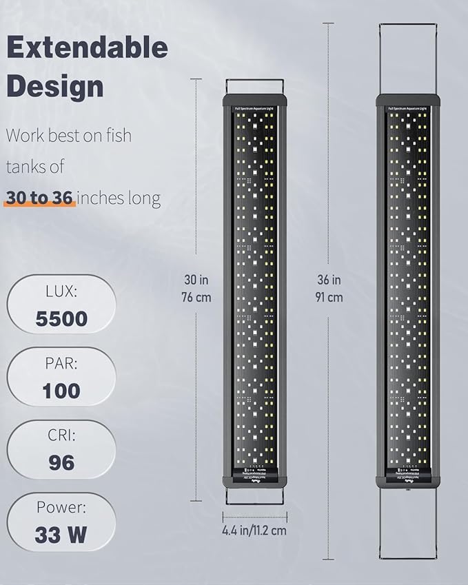 Pawfly 24W Aquarium LED Light for 30" to 36" Tanks 24/7 Extendable Fish Tank Light with Full Spectrum IP68 Waterproof with D/N Mode Single Color Effects Timer and Adjustable Brightness