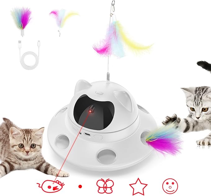 3-in-1 Cat Laser Toy & Interactive Automatic Motion-Activated Kitten Toy ā 6 Holes Whack-A-Mole Feather & Moving Ambush Fun ā USB Rechargeable, Apply to ā Indoor Exercise for Cats of All Breeds