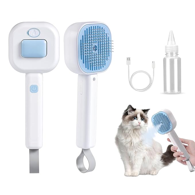 Cat Steam Brush,3 In 1 combs for indoor cats,pet steam brush for shedding,Dog shedding for Long and Short Hair Dogs and Cats Pet Grooming Brush Remove Tangled Loose Hair (Blue)