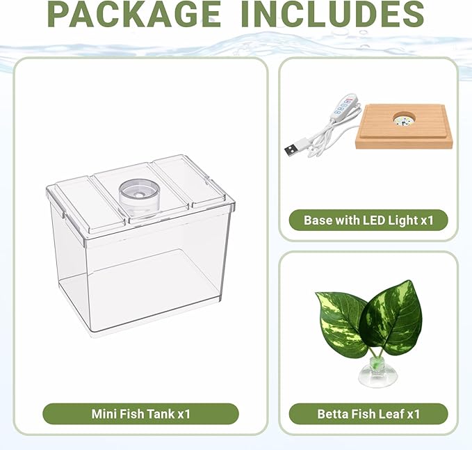 Mini Betta Fish Tank Kit with LED Light Base, Small Fish Bowl for Temporary Space, 0.2 Gallon Stackable Cube Tank with Betta Leaf for Small Fish, Insect, Shrimp, Crab, Spider (Kit-1)