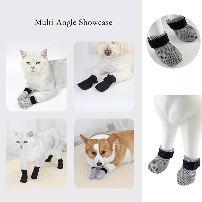8 Pack Cat Mittens to Prevent Scratching, Adjustable Breathable Mesh Cat Booties & Claw Covers - Anti Scratch Gloves for Bathing, Nail Trimming - 4 Black & 4 Grey, Paw Inner Diameter up to 1.57 Inches
