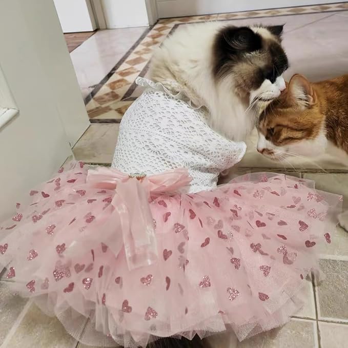 Pink Dog Dress for Small Dog Girl Spring Puppy Clothes with Bow Puff Sleeves Cat Outfit Doggy Princess with Leash Ring Doggies Harness Dress Summer Pet Apparel (Pink White, X-Small)