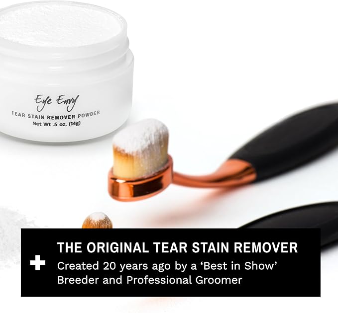Eye Envy Tear Stain Remover Powder for Dogs and Cats. 100% Natural, Safe. Apply Around Eyes. Absorbs and Repels Tears. Keeps Area Dry. Treats The Cause of Staining. Made in The USA (2.5 oz)