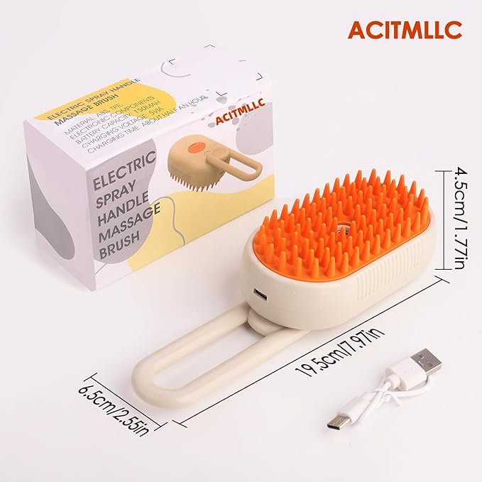 Cat Steam Brush for Shedding & Deshedding - 4-in-1 USB Rechargeable Pet Hair Removal Comb with Water Tank, for Indoor Long/Short Haired Cats & Dogs, Grooming Massage & Cleaning (Khaki)