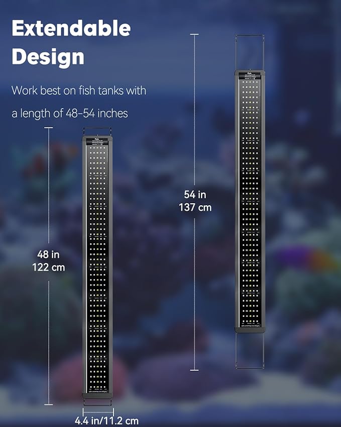 Pawfly 48W Saltwater Aquarium Light for 48" to 54" Fish Tanks Dimmable LED Reef Light for Coral Extendable Marine Fish Tank Light with Full Spectrum D/N Mode Timer Auto On/Off Adjustable Brightness