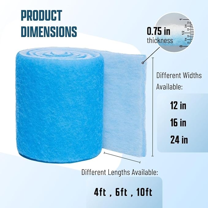 Premium Aquarium Filter Media Pad - Cut-to-Fit Roll, Fresh and Saltwater Safe, Blue & Dye-Free Options, Made in USA (12 ft, Blue)
