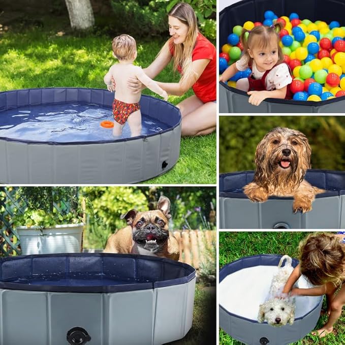 Foldable Dog Bath Swimming Pool 71'' Plastic Kiddie Pool Professional Tub Collapsible Grooming Bathtub for Pets Kids Baby and Toddler, 71 x 12 Inches Gray