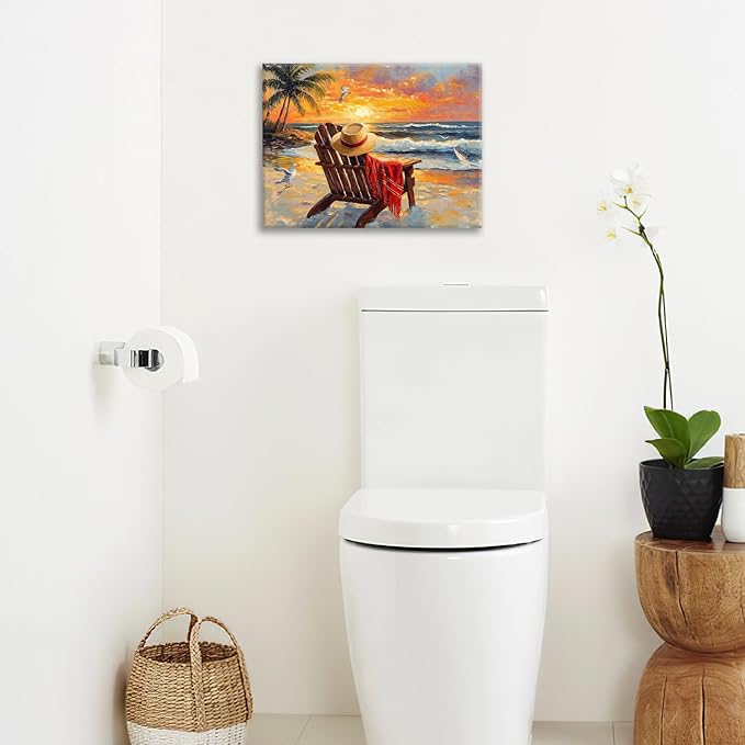 Beach Coastal Bathroom Pictures Wall Art, Seaside Ocean Bathroom Wall Decor, Sunrise Palm Framed Painting Canvas Artwork for Bedroom Living Room Decorations 16"L x 12"W