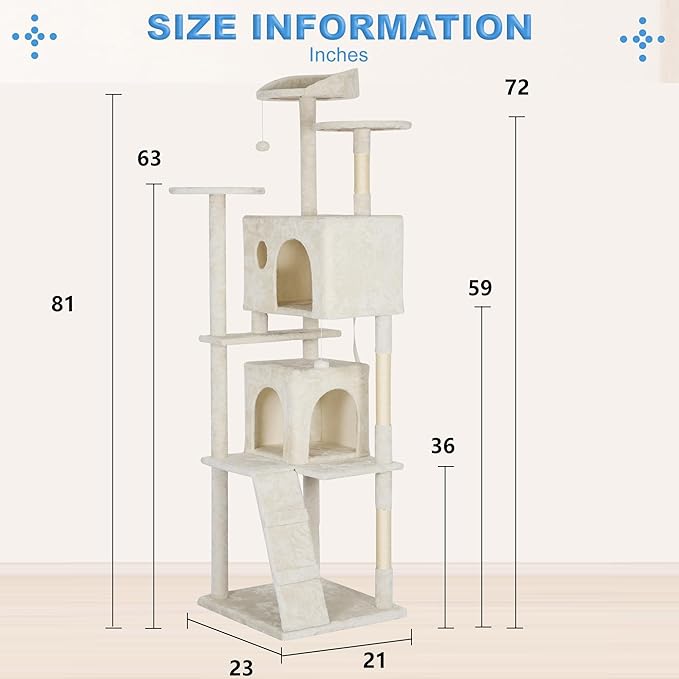 FDW Cat Tree Tower 81in Multi-Level Durable Cat Scratching Post & Cozy Fun Jumping Platform Space Saving Condo Pet Play House for Indoor Cats,Beige