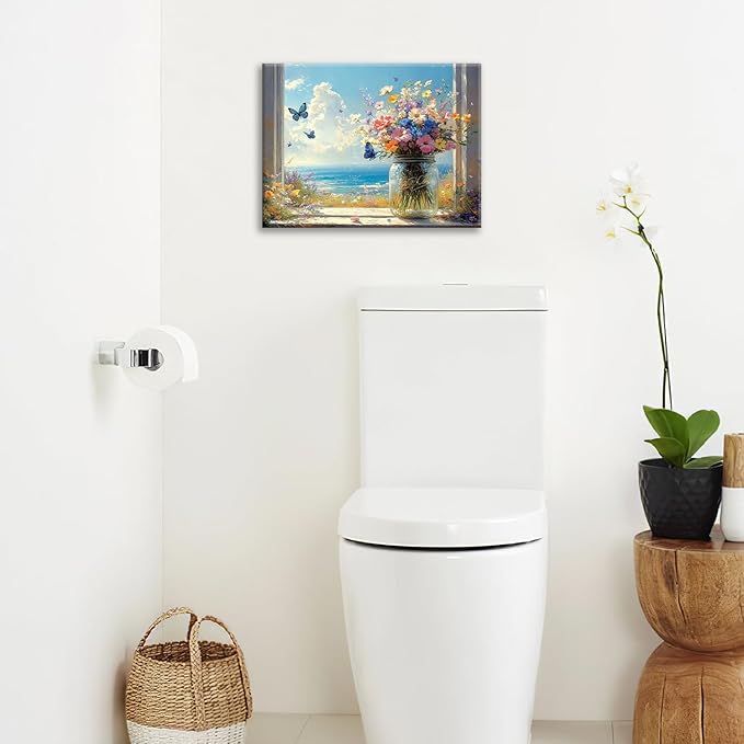 Beach Floral Bathroom Pictures Wall Art, Colorful Flower Bathroom Wall Decor, Coastal Ocean Framed Painting Canvas Artwork for Bedroom Living Room Decorations 20"L x 16"W