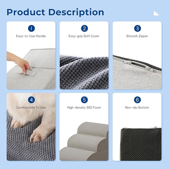 Dog Stairs for High Beds - Pet Stairs Ramp for Couch, 35D Foam Dog Steps for Small to Large Pets, with Non-Slip Bottom Beige, 5 Steps