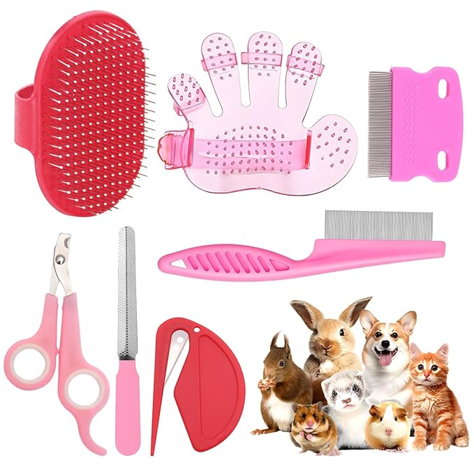 Rabbit Grooming Kit β Bunny Grooming Kit with Shedding Brush, Nail Clippers & Comb β Small Animal Grooming Supplies for Rabbits, Guinea Pigs, Hamsters, Ferrets - Small Pet Shedding & Care (Pink)