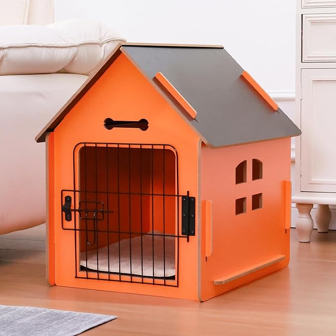 Dog House Indoor for Small Dogs or Cats, Cozy Wooden Design, Small Indoor Bed House, with Air Vents and Elevated Floor Warm Dog Cave (Orange)