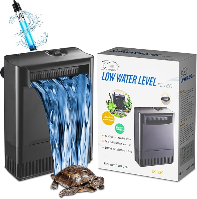 Turtle Tank Filter w/U-V Light for Large 40-150 Gal Tank 4-Stage Flow Adjustable Low Water Level Internal Deodorization Green Clean Machine Killing Cloudy Saltwater Freshwater Aquarium Crystal Clear
