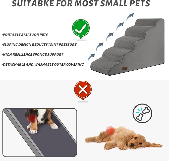 5-Step Dog Stairs and Ramp for High Bed, Non-Slip Sturdy Pet Steps for Small Dogs and Cats,22.2" H,Grey