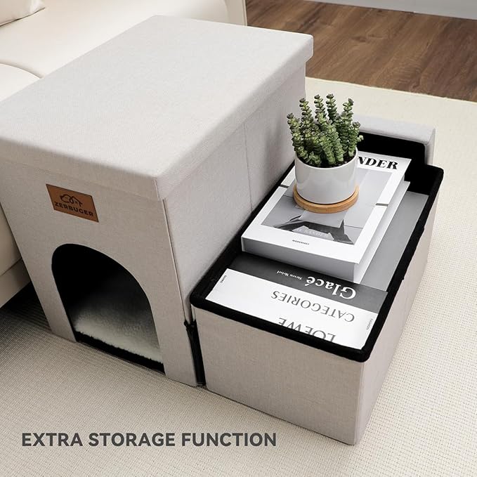 Dog Stairs with Condo 15" H, 2-Step Wider Dog Steps for Small/Medium/Large Old Dogs Cats, Folding Sturdy Storage Pet Stairs Climbing Bed Couch, Ramp for Car Hold Up to 150 lbs, Beige