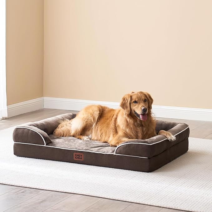 EHEYCIGA Orthopedic Dog Bed for Small Dogs, Waterproof Memory Foam Small Dog Beds with Sides, Non-Slip Bottom and Egg-Crate Foam Medium Pet Couch Bed with Washable Removable Cover, Brown