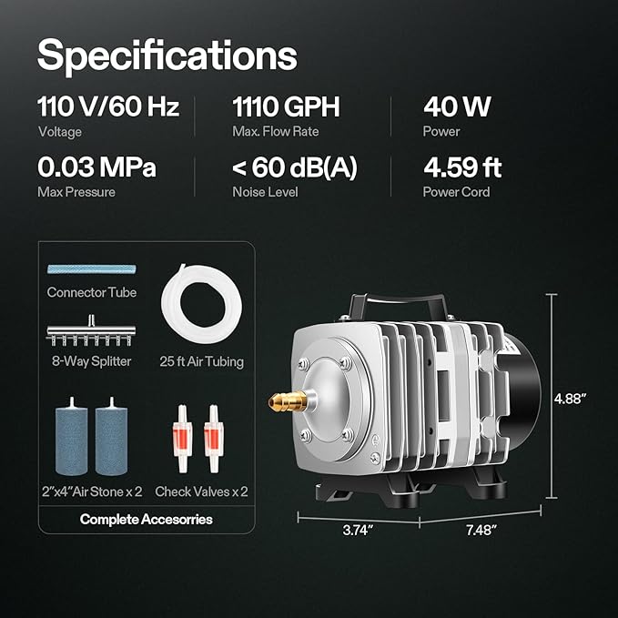VIVOSUN Air Pump Kit, with 40 W 1110 GPH Commercial Air Pump, 8-Way Splitter, 2 Pcs Air Stones, 25 ft Air Tubing, 2 Pcs Check Valves, for Aquarium, Fish Tank & Hydroponics