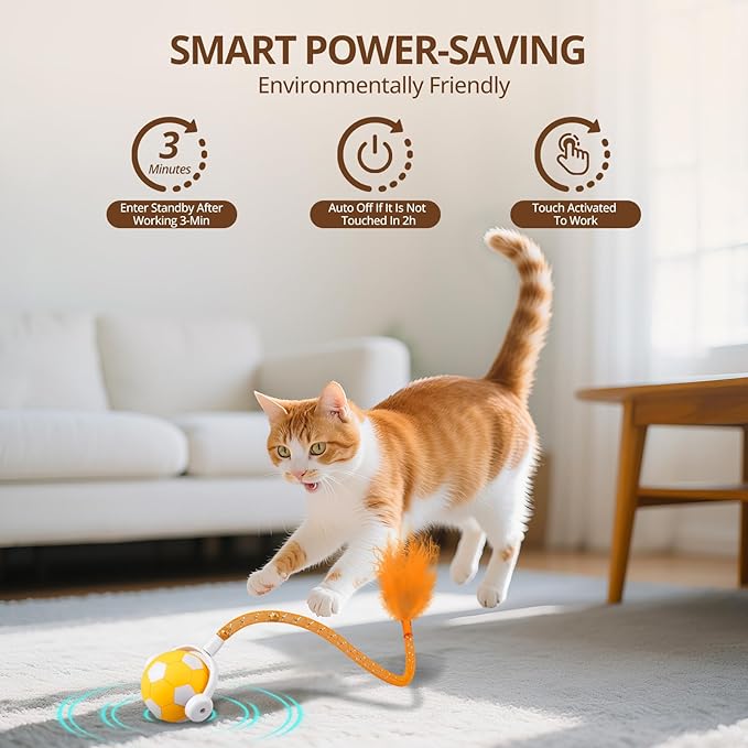 Cat Toy Ball,Interactive Cat Toy Ball with 3 Modes for Indoor Cat,The 2025 Generation Self Moving Cats Toy,Rolling Cats Toy with Feather & Bells for Bored Cats & Small dogs,Touch to Activate (Orange)