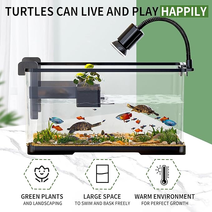 (Tank + Light + Filter Balls) Turtle Tank Kit, Turtle Tank Starter Kit,Bottom Drainage, Multi-Function Areas for Turtles, Crabs,Fishes, Amphibians,Reptiles. (11.81 × 7.88 × 7.88 Inch)