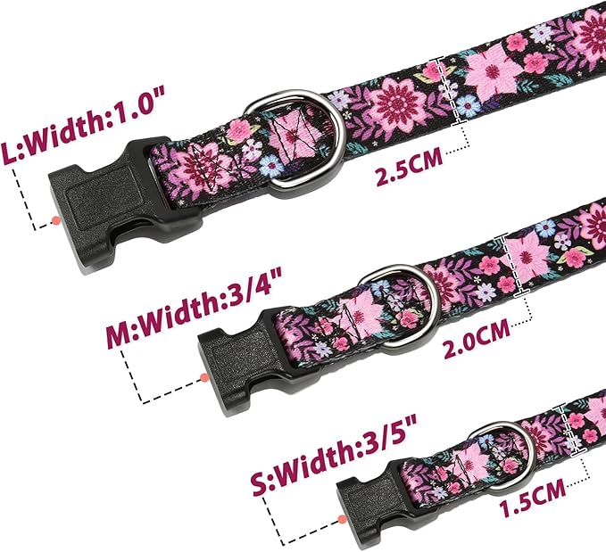 HEELE Dog Collar, Adjustable Soft Dog Collar for Small Medium Large Dogs,Floral Patterned Puppy Collars with Quick Release Buckle Galsang Black M Length 13.39''-20.87''