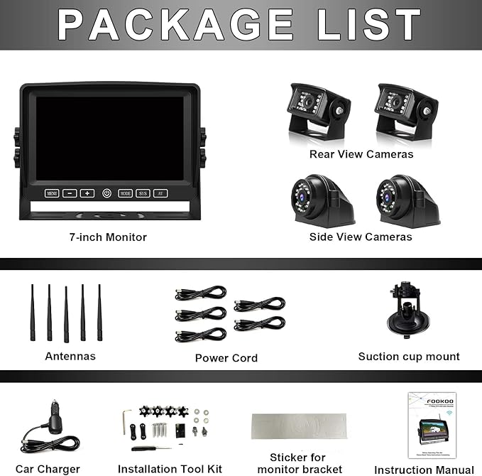 Fookoo HD 7" Wireless Backup Camera System, 1080P 7" Quad Split Screen Monitor, IP69 Waterproof Side Rear View Cameras, Parking Lines, Loop Recording, Digital Signal for RV/Trailer/Truck/Bus (DW7T4)