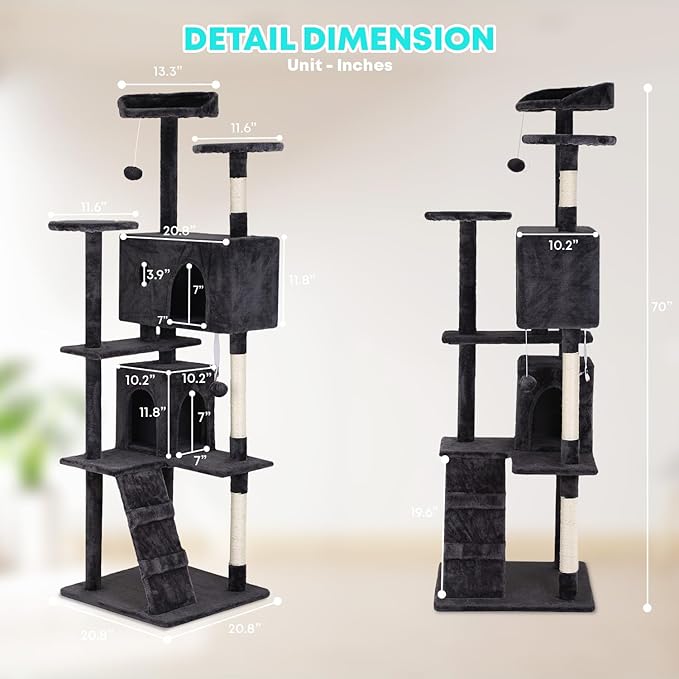 FDW Cat Tree 70in Cat Tower Multi-Level Durable Cat Scratching Post & Cozy Fun Cat Jumping Platform Space Saving Cat Condo Pet Play House for Indoor Cats,Dark Gray