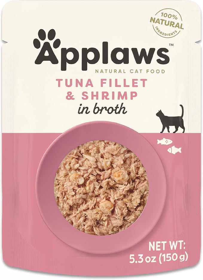 Applaws Natural Wet Cat Food in Broth, Limited Ingredient Wet Cat Food Pouches, No Additives, Made with Natural Ingredients, Tuna Fillet with Shrimp in Broth (12 x 5.3oz Pouches)
