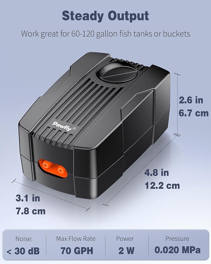 Pawfly Aquarium Air Pump Oxygen Pump for 10-200 Gallon Fish Tanks Buckets Dual Outlet Adjustable Ultra Quiet Aerator Pump with Accessories