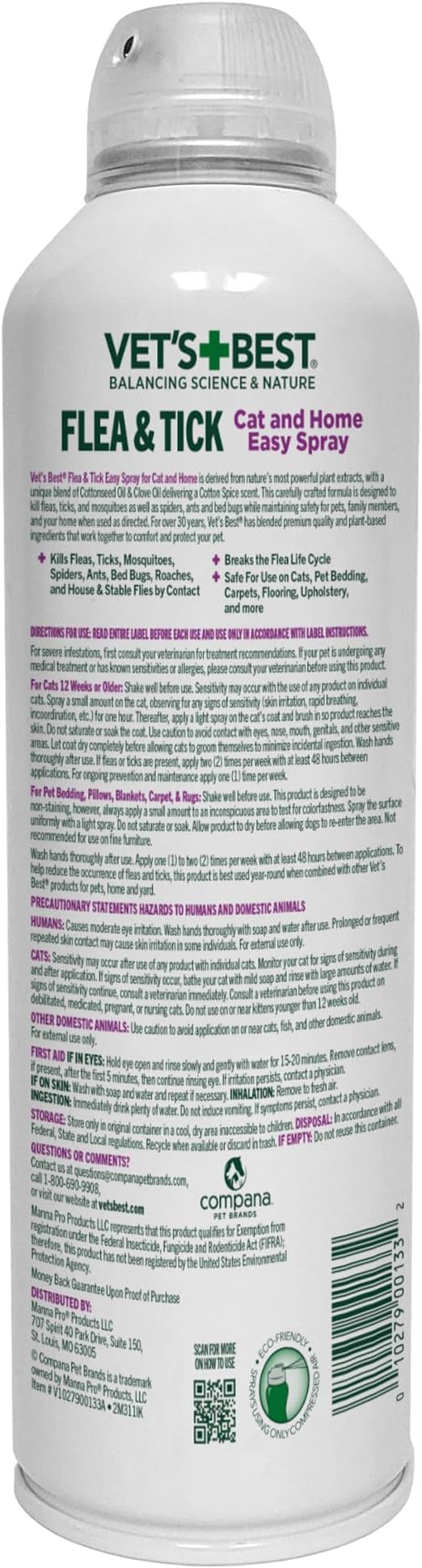 Vet's Best Natural Flea & Tick Easy Spray for Cats – Natural Flea & Tick Prevention with Cotton Spice Scent – Plant-Based Cat Spray with Essential Oils – Gentle Pest Control Formula – 14 oz Bottle