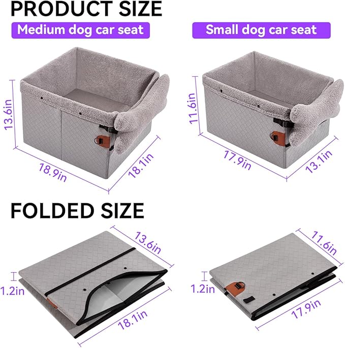 Dog Car Seats for Small Medium Dogs,PU Leather Car Seat Boosters,Foldable Puppy Cat Carseats (Grey, Medium Dog)