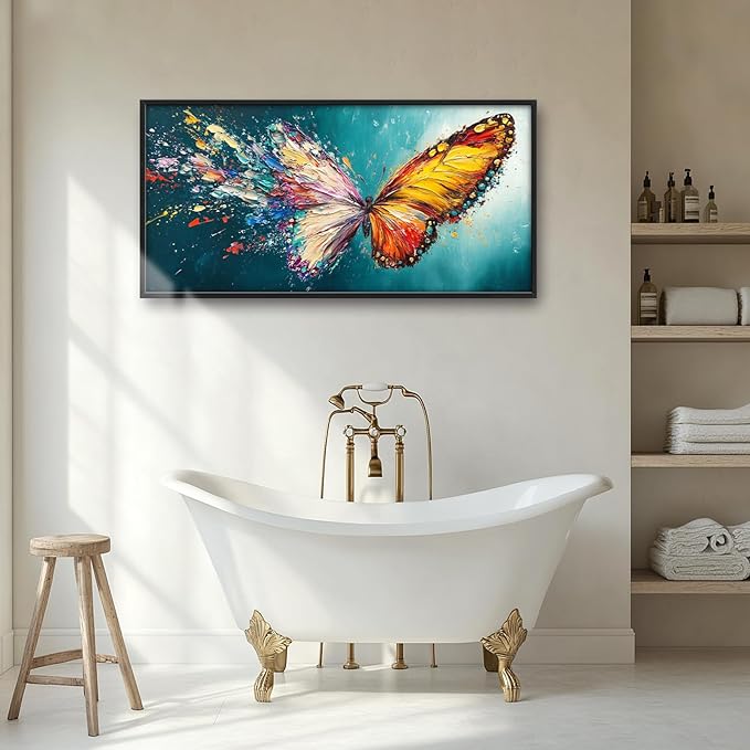Extra Large Framed Abstract Butterfly Wall Art,Colorful Graffiti Wall Decor,Splashing Wings Pictures for Living Room,Canvas Print Painting Modern Artwork Bedroom Office Bathroom Home Decor 60L x30W