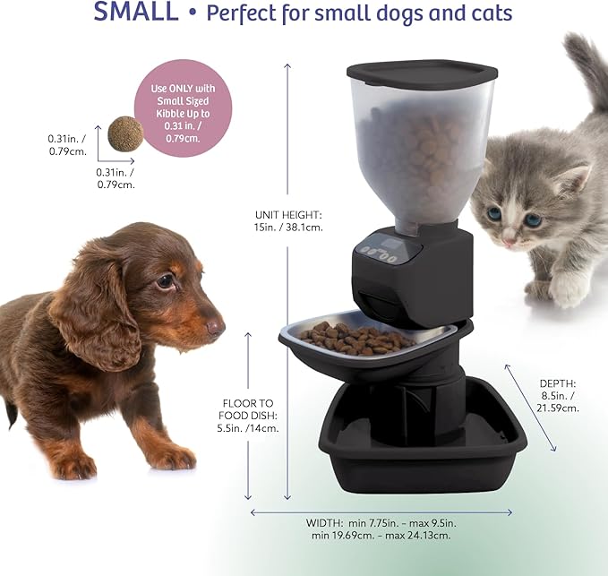 Automatic Dog & Cat Food Feeder with Water Dispenser – Smart Pet Feeder with Portion Control, OLED Display, Anti Jam Design, Battery Operated Dispenser for Small Pets - Black