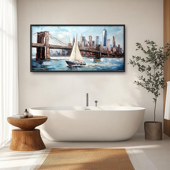 Extra Large Sailboat Framed Wall Art for Living Room,Oversized New York Brooklyn Bridge Pictures Wall Decor,Cityscape Canvas Print Painting Modern Artwork Bedroom Office Bathroom 60L" x 30W"