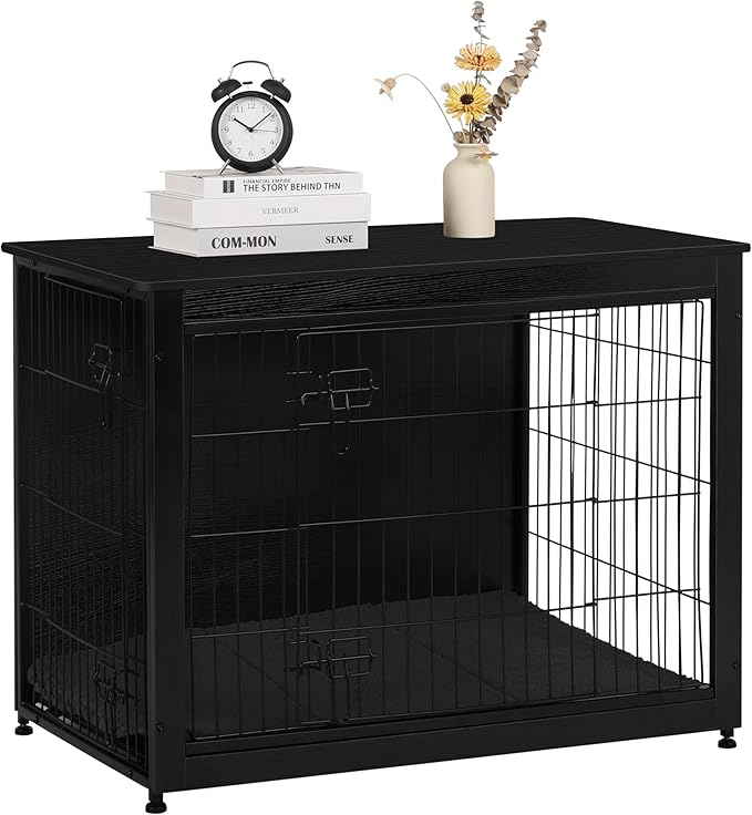 DWANTON Dog Crate Furniture with Cushion, Wooden Kennel Table with Double Doors, Indoor Dog House, Large Size, 38.5" L, Black