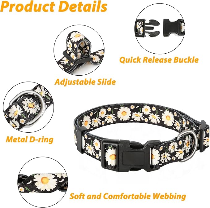 HEELE Dog Collar, Adjustable Soft Dog Collar for Small Medium Large Dogs,Daisy Floral Patterned Puppy Collars with Quick Release Buckle Daisy Black S Length 9.84''-14.96'