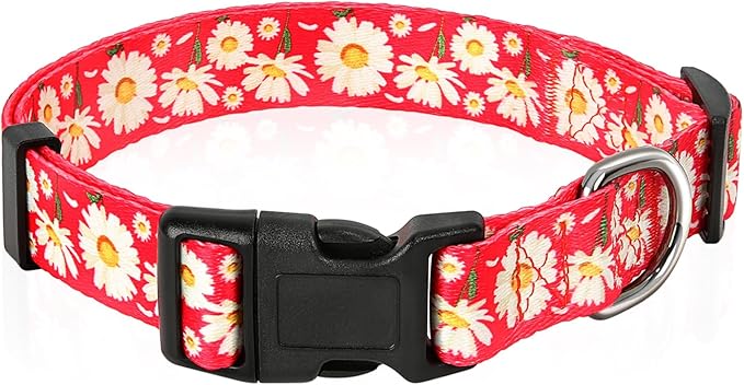 HEELE Dog Collar, Adjustable Soft Dog Collar for Small Medium Large Dogs,Daisy Floral Patterned Puppy Collars with Quick Release Buckle Daisy Red S Length 9.84''-14.96'